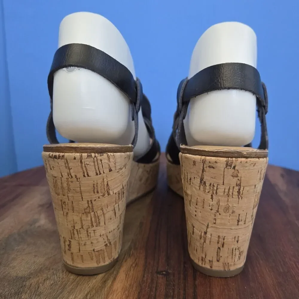 G.H. Bass & Co Garland Black Leather Wedge Cork Heel Sandals Womens 8M